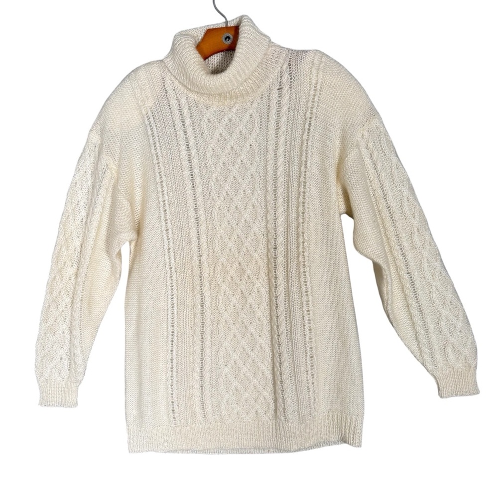 Vintage Cream Mohair Blend Sweater Cable Knit Turtleneck Cream Fisherman M